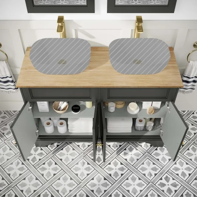 Lucia Graphite Grey Cabinet with Oak Effect Top 1200mm (Excludes Counter Top Basins) - Brushed Brass Accents