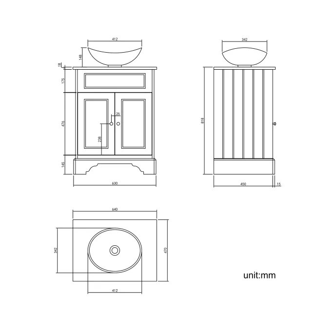 Lucia Inky Blue Vanity with Oak Effect Top & Oval Counter Top Basin 640mm - Brushed Brass Accents