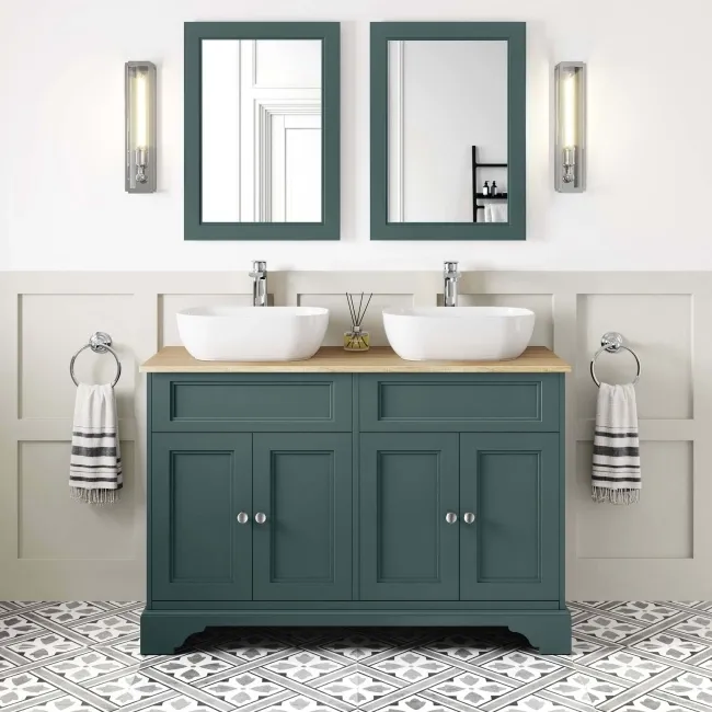 Lucia Midnight Green Double Vanity with Oak Effect Top & Curved Counter Top Basin 1200mm