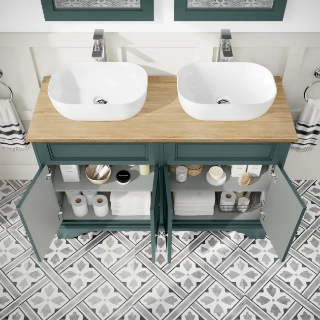 Lucia Midnight Green Double Vanity with Oak Effect Top & Curved Counter Top Basin 1200mm
