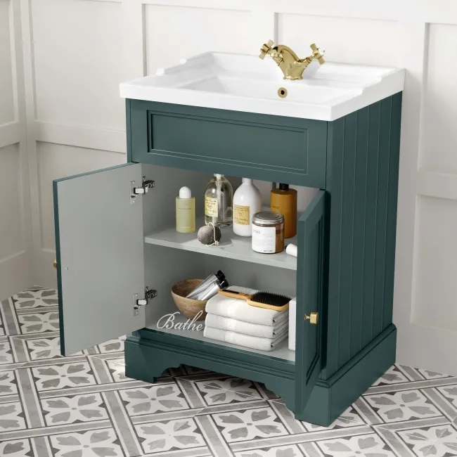 Lucia Midnight Green Basin Vanity 630mm - Brushed Brass Accents