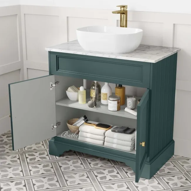 Lucia Midnight Green Vanity with Marble Top & Curved Counter Top Basin 840mm - Brushed Brass Accents