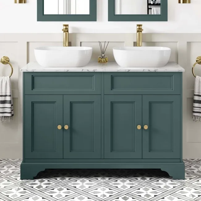Lucia Midnight Green Double Vanity with Marble Top & Curved Counter Top Basin 1200mm - Brushed Brass Accents
