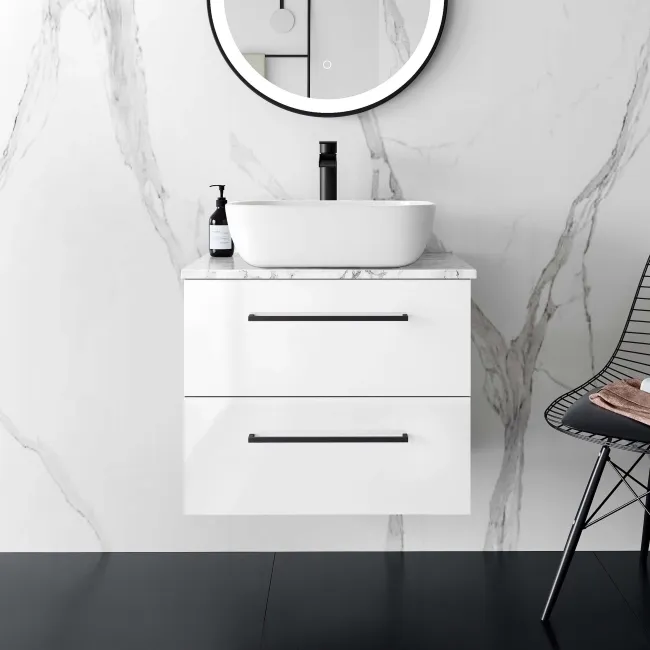 Elba Gloss White Wall Hung Drawer Vanity with Marble Top & Curved Counter Top Basin 600mm - Black Accents