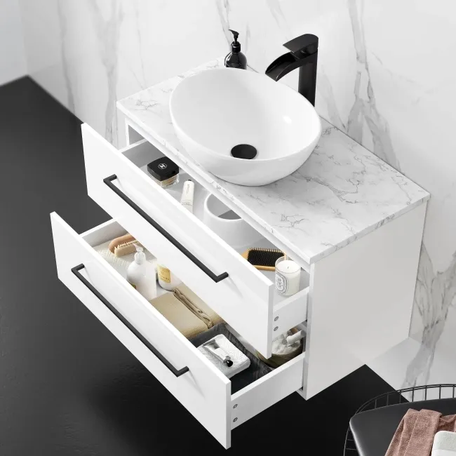 Elba Gloss White Wall Hung Drawer Vanity with Marble Top & Oval Counter Top Basin 800mm - Black Accents