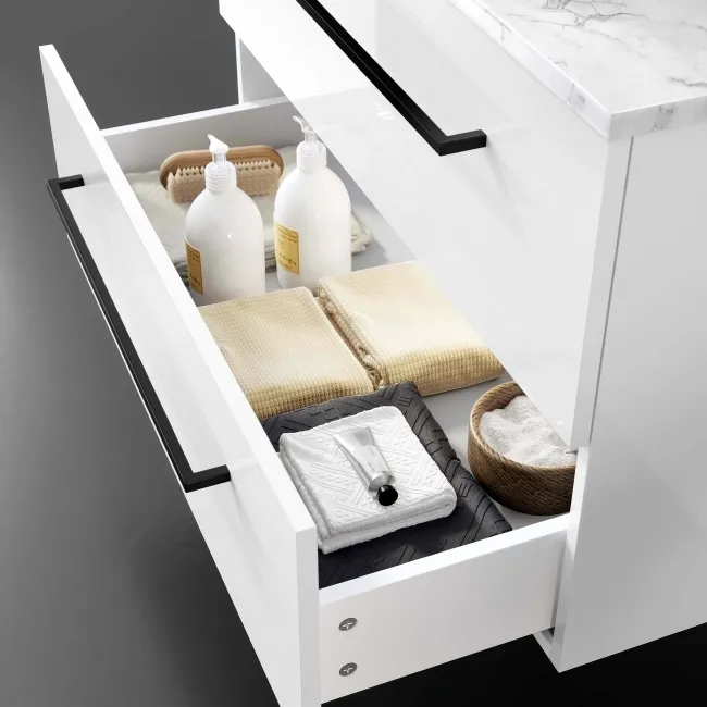 Elba Gloss White Wall Hung Drawer Vanity with Marble Top & Oval Counter Top Basin 800mm - Black Accents