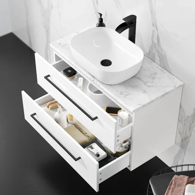 Elba Gloss White Wall Hung Drawer Vanity with Marble Top & Curved Counter Top Basin 800mm - Black Accents