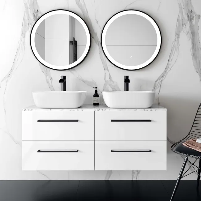 Elba Gloss White Double Wall Hung Drawer Vanity with Marble Top & Curved Basin 1200mm - Black Accents