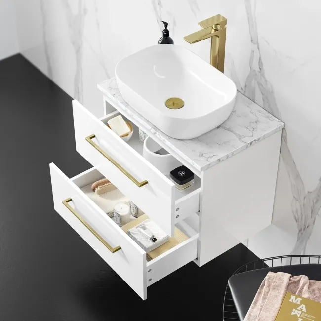 Elba Gloss White Wall Hung Drawer Vanity with Marble Top & Curved Counter Top Basin 600mm - Brushed Brass Accents