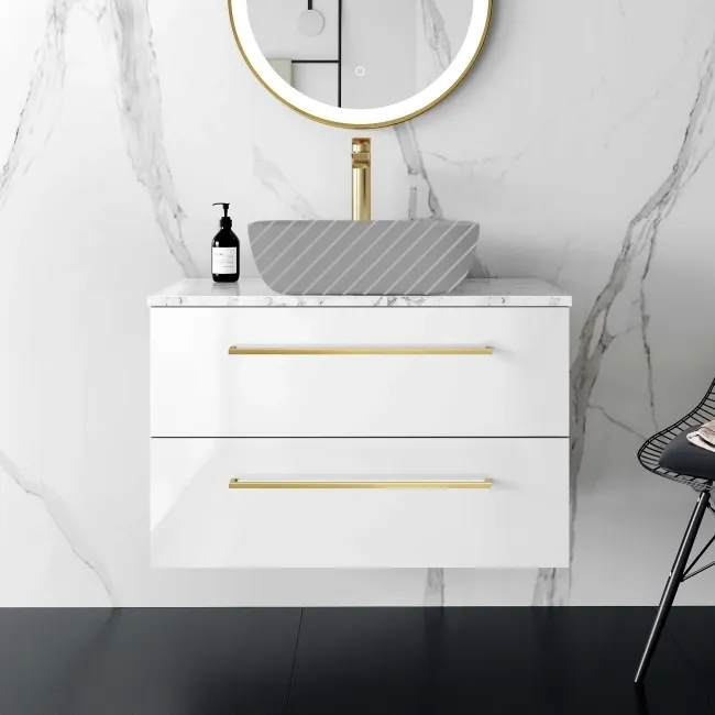 Elba Gloss White Wall Hung Drawer 800mm Excludes Counter Top Basin - Brushed Brass Accents