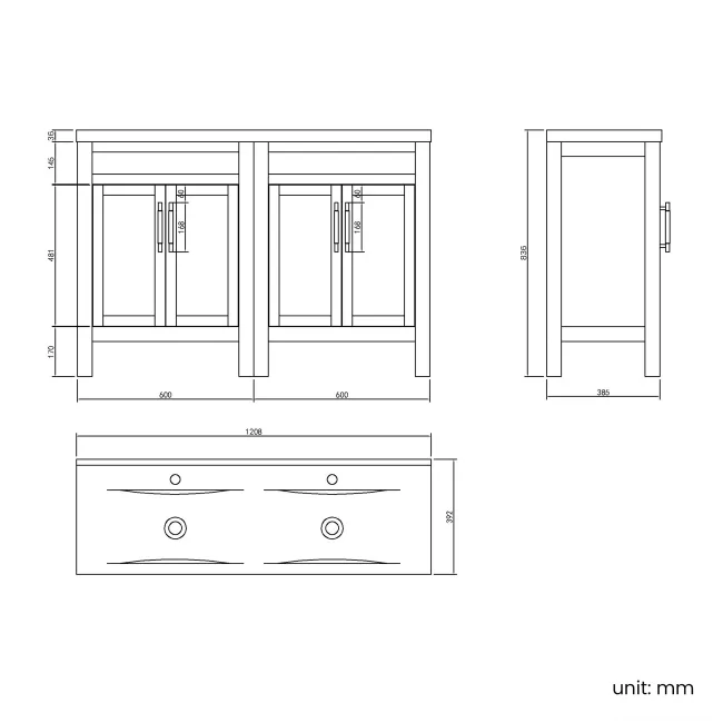 Bermuda Dove Grey Double Basin Vanity 1200mm - Brass Knurled Handles