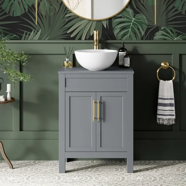 Bermuda Dove Grey Vanity with Round Counter Top Basin 600mm - Brass Knurled Handles