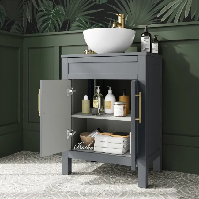 Bermuda Dove Grey Vanity with Round Counter Top Basin 600mm - Brass Knurled Handles