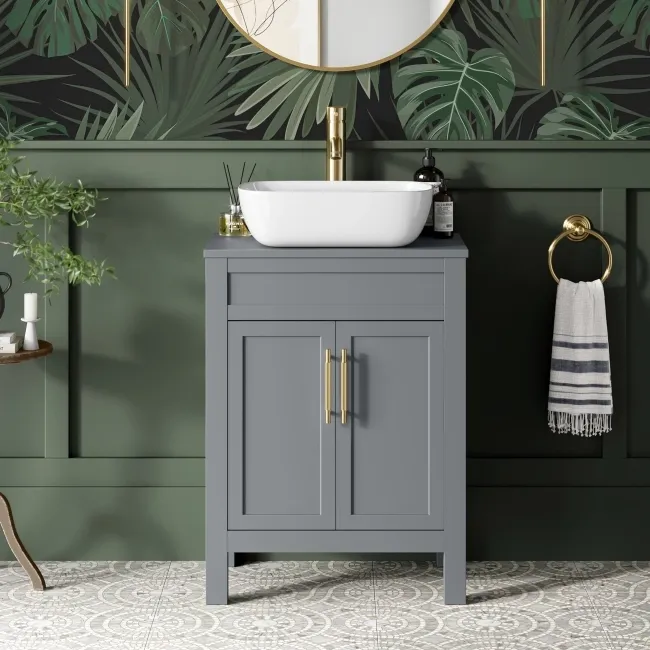 Bermuda Dove Grey Vanity with Curved Counter Top Basin 600mm - Brass Knurled Handles