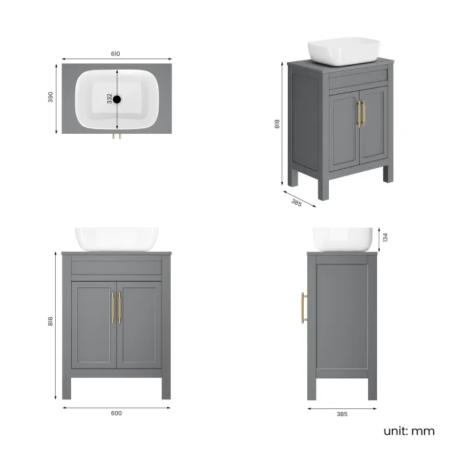 Bermuda Dove Grey Vanity with Curved Counter Top Basin 600mm - Brass Knurled Handles