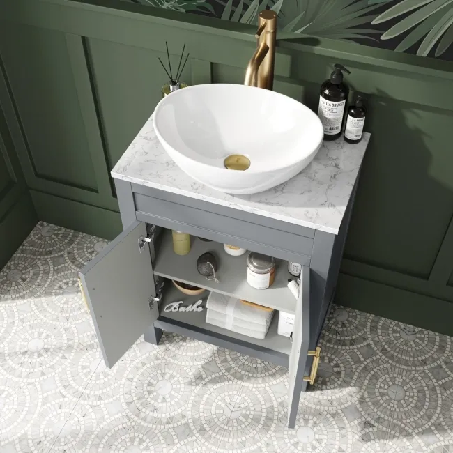 Bermuda Dove Grey Vanity with Marble Top & Oval Counter Top Basin 600mm - Brass Knurled Handles