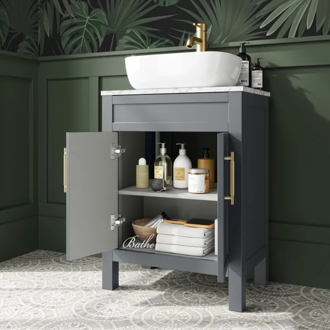 Bermuda Dove Grey Vanity with Marble Top & Curved Counter Top Basin 600mm - Brass Knurled Handles