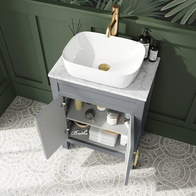 Bermuda Dove Grey Vanity with Marble Top & Curved Counter Top Basin 600mm - Brass Knurled Handles