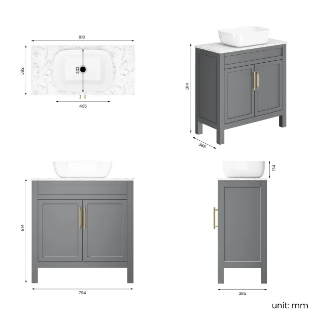 Bermuda Dove Grey Vanity with Marble Top & Curved Counter Top Basin 800mm - Brass Knurled Handles