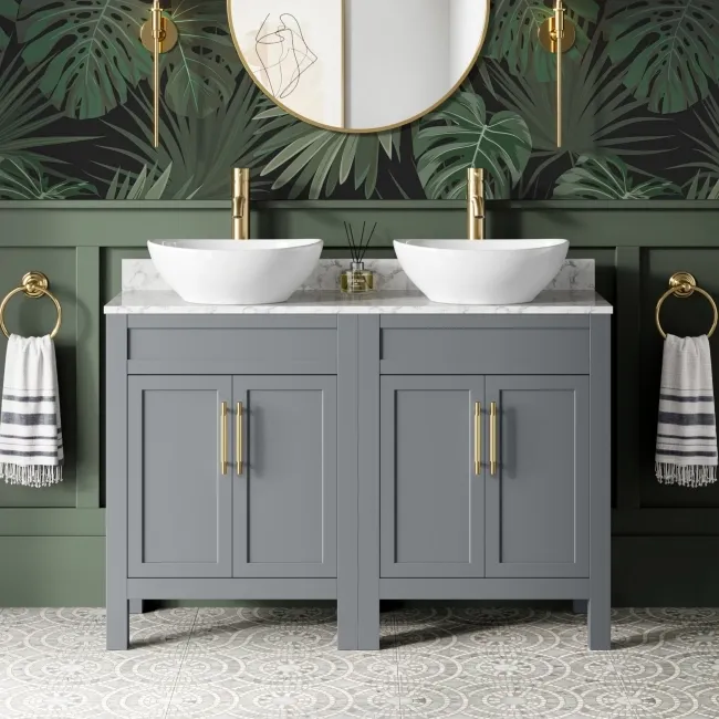 Bermuda Dove Grey Vanity with Marble Top & Oval Counter Top Basin 1200mm - Brass Knurled Handles