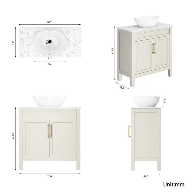 Bermuda Chalk White Vanity with Marble Top & Oval Counter Top Basin 800mm - Brass Knurled Handles