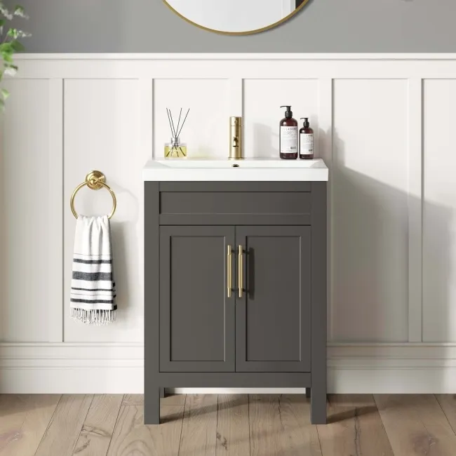 Bermuda Graphite Grey Basin Vanity 600mm - Brass Knurled Handles