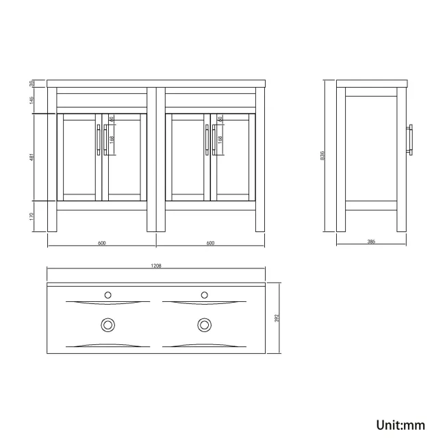 Bermuda Graphite Grey Double Basin Vanity 1200mm - Brass Knurled Handles