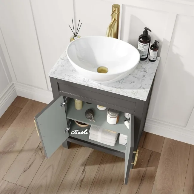 Bermuda Graphite Grey Vanity with Marble Top & Oval Counter Top Basin 600mm - Brass Knurled Handles