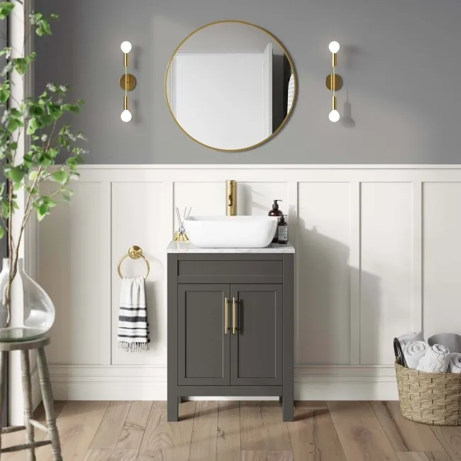 Bermuda Graphite Grey Vanity with Marble Top & Curved Counter Top Basin 600mm - Brass Knurled Handles