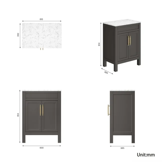 Bermuda Graphite Grey Cabinet with Marble Top 600mm Excludes Counter Top Basin - Brass Knurled Handles