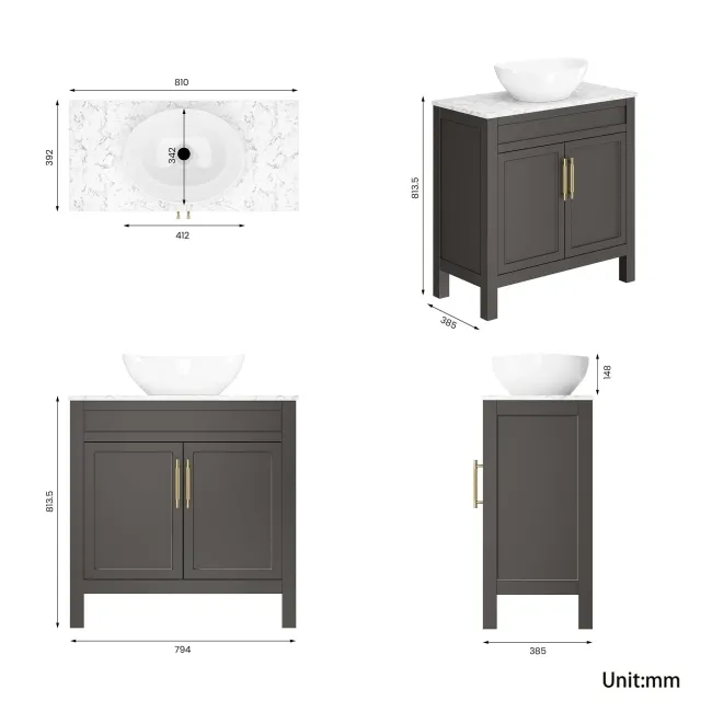 Bermuda Graphite Grey Vanity with Marble Top & Oval Counter Top Basin 800mm - Brass Knurled Handles