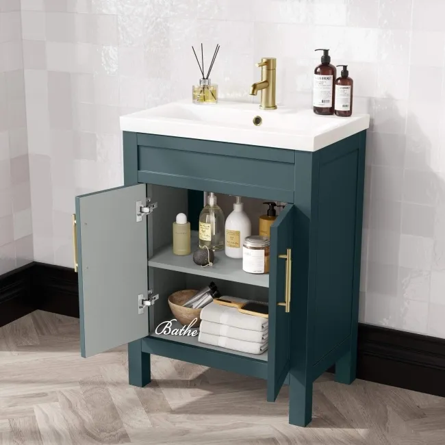 Bermuda Midnight Green Basin Vanity 600mm - Brass Knurled Handles