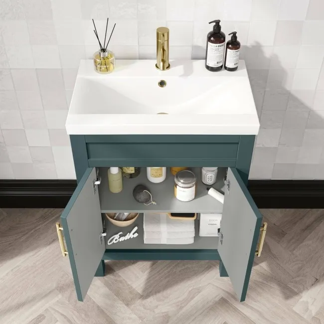 Bermuda Midnight Green Basin Vanity 600mm - Brass Knurled Handles
