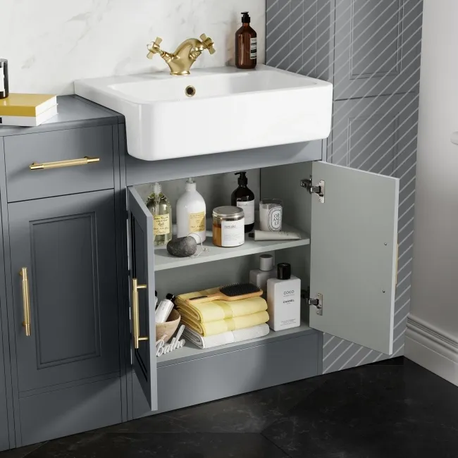 Monaco Dove Grey Combination Vanity Basin 1500mm (Excludes Pan & Cistern) - Brass Knurled Handles