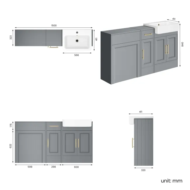Monaco Dove Grey Combination Vanity Basin 1500mm (Excludes Pan & Cistern) - Brass Knurled Handles