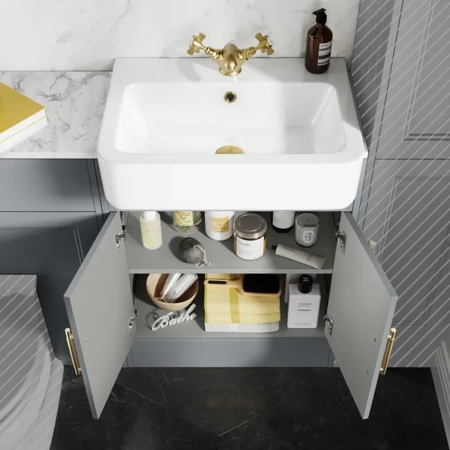 Monaco Dove Grey Combination Vanity Basin with Marble Top 1200mm (Excludes Pan & Cistern) - Brass Knurled Handles