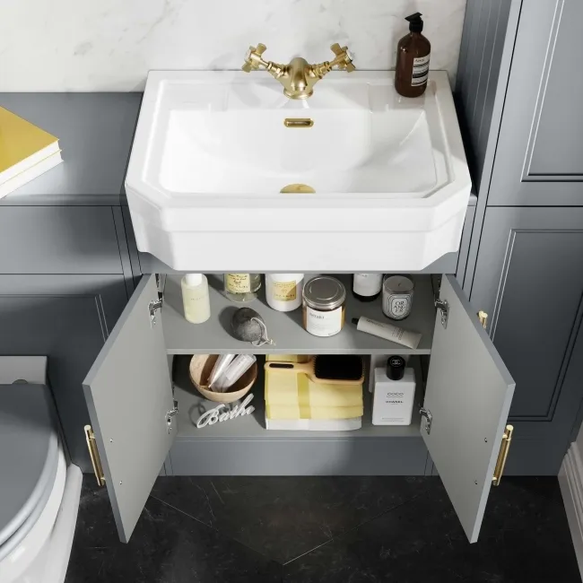 Monaco Dove Grey Traditional Basin Vanity 600mm - Brass Knurled Handles