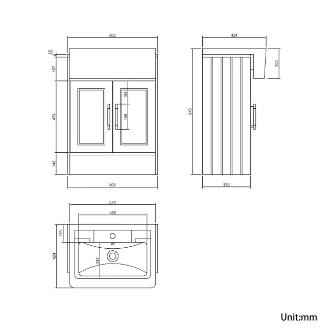 Monaco Dove Grey Traditional Basin Vanity 600mm - Brass Knurled Handles