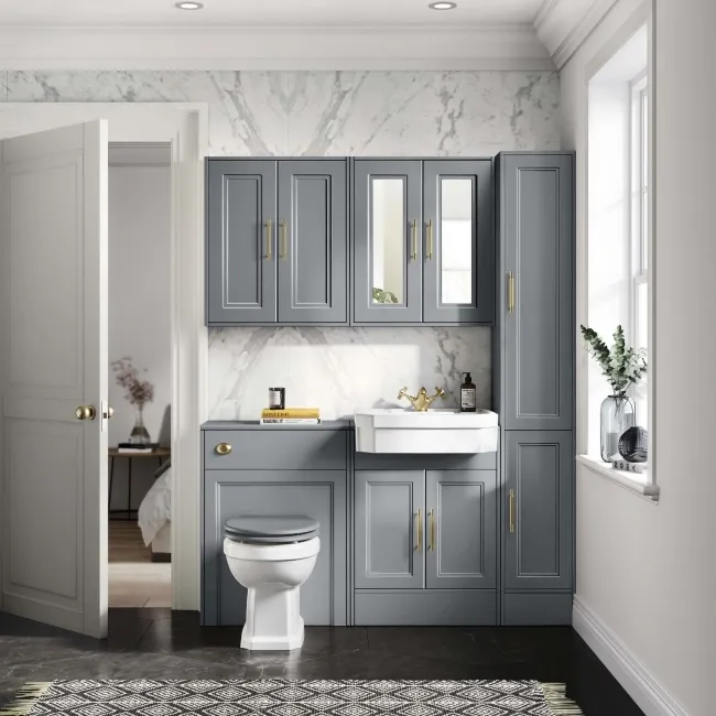 Monaco Dove Grey Traditional Basin Vanity and Back To Wall Unit 1200mm (Excludes Pan & Cistern) - Brass Knurled Handles