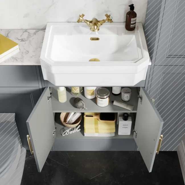 Monaco Dove Grey Combination Vanity Traditional Basin with Marble Top 1200mm (Excludes Pan & Cistern) - Brass Knurled Handles