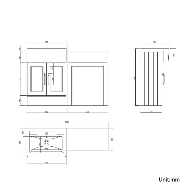 Monaco Dove Grey Combination Vanity Traditional Basin with Marble Top 1200mm (Excludes Pan & Cistern) - Brass Knurled Handles