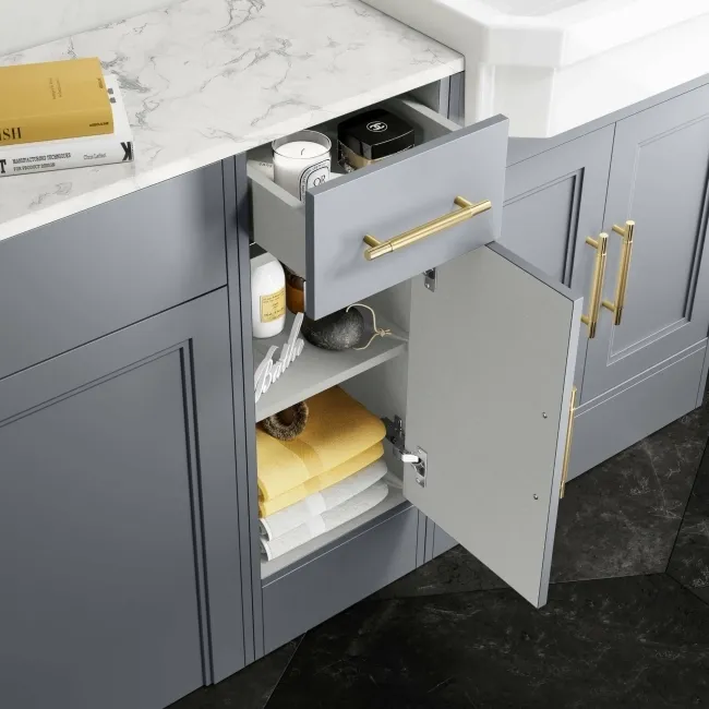 Monaco Dove Grey Combination Vanity Traditional Basin with Marble Top 1500mm (Excludes Pan & Cistern) - Brass Knurled Handles