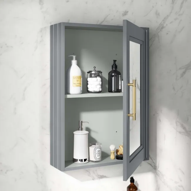 Dove Grey Mirror Cabinet 700x500mm - Brass Knurled Handles