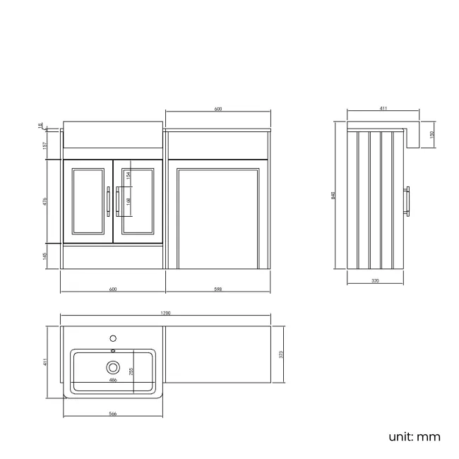 Monaco Chalk White Basin Vanity and Back To Wall Toilet Unit 1200mm (Excludes Pan & Cistern) - Brass Knurled Handles