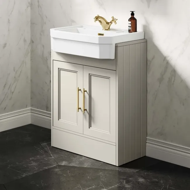 Monaco Chalk White Traditional Basin Vanity 600mm - Brass Knurled Handles