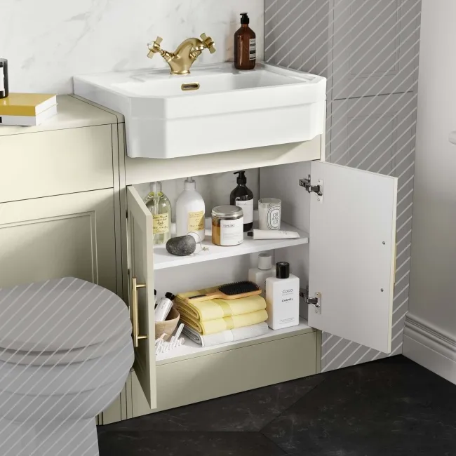 Monaco Chalk White Traditional Basin Vanity and Back To Wall Unit 1200mm (Excludes Pan & Cistern) - Brass Knurled Handles