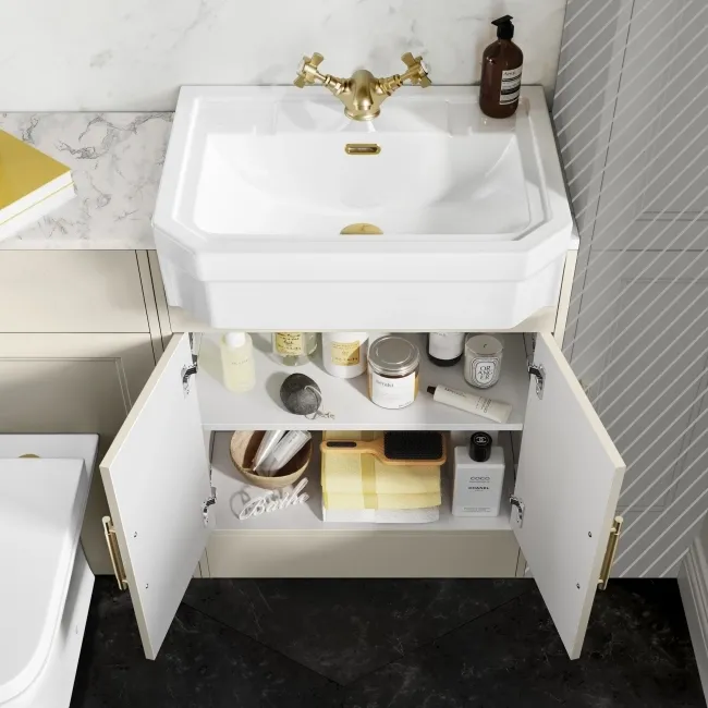 Monaco Chalk White Combination Vanity Traditional Basin with Marble Top & Atlanta Toilet 1200mm - Brass Knurled Handles