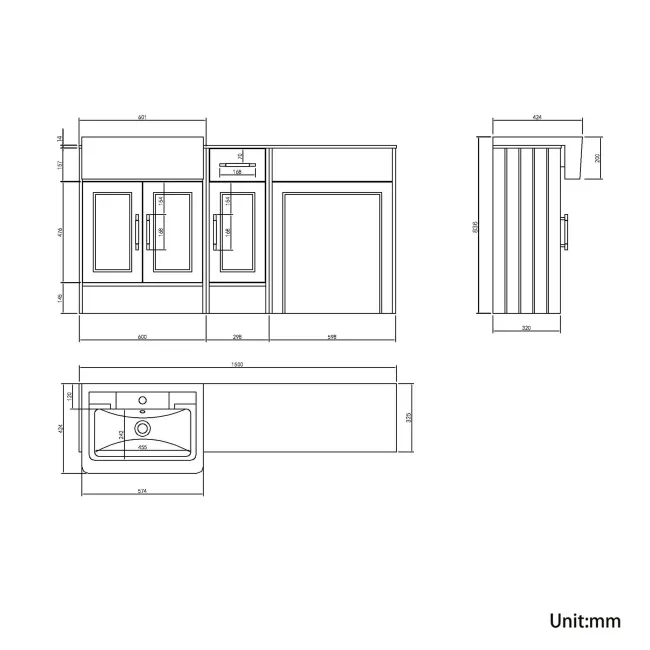 Monaco Chalk White Combination Vanity Traditional Basin with Marble Top 1500mm (Excludes Pan & Cistern) - Brass Knurled Handles