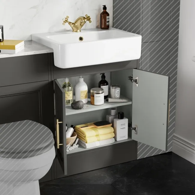 Monaco Graphite Grey Combination Vanity Basin with Marble Top 1200mm (Excludes Pan & Cistern) - Brass Knurled Handles