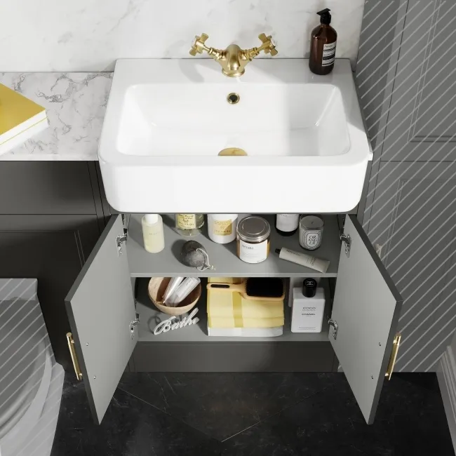 Monaco Graphite Grey Combination Vanity Basin with Marble Top 1200mm (Excludes Pan & Cistern) - Brass Knurled Handles